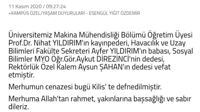 Gaziantep Üniversitesi'ndeki vefat ilanı akraba ilişkilerini ortaya çıkardı Gaziantep Üniversitesi'ndeki vefat ilanı akraba ilişkilerini ortaya çıkardı