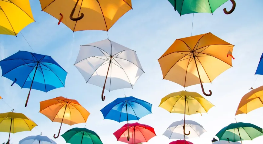 Assorted-color Straight Umbrella Hanging on Black Wire