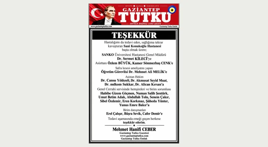 Mehmet Hanifi Ceber’den SANKO Hastanesi’ne teşekkür